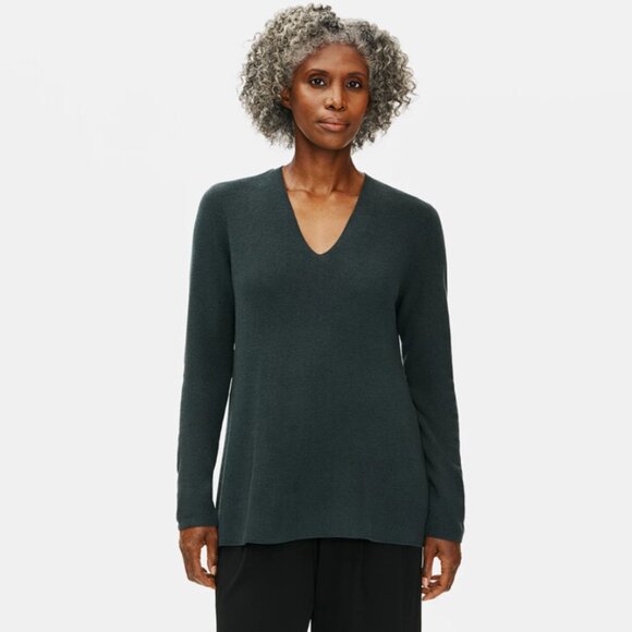 Eileen Fisher Merino Wool Knit V-Neck Pullover Tunic Light Blue Sweater Medium - Picture 6 of 7